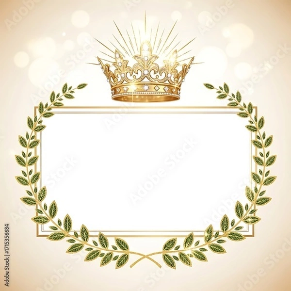 Fototapeta Regal Golden Crown and Laurel Wreath Frame with Sparkling Bokeh Background for Elegant Designs