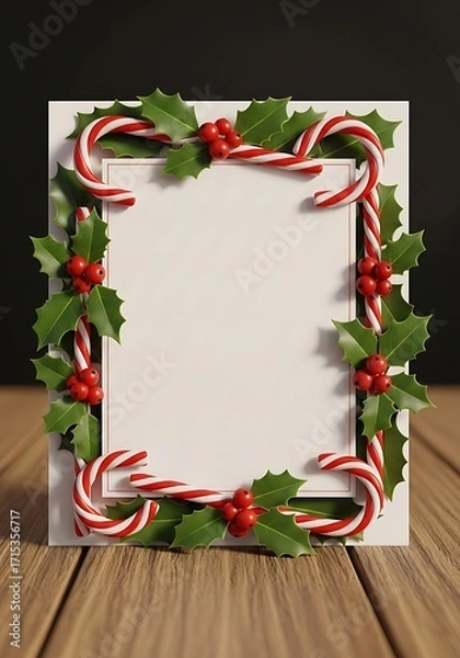 Fototapeta Festive Christmas frame made of candy canes and holly leaves with empty space for text