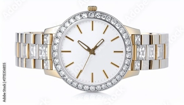 Fototapeta Elegant Gold and Silver Watch with Sparkling Crystals on a White Background