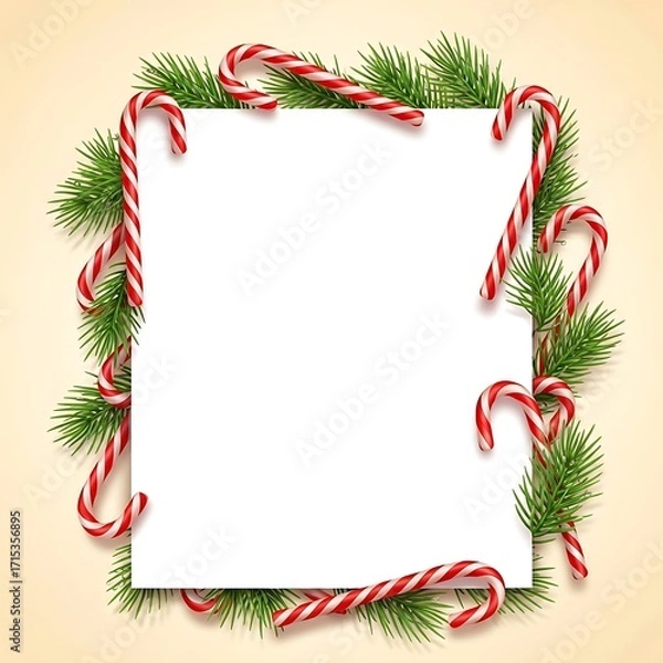Fototapeta Festive Holiday Greeting Card Template Adorned with Classic Pine Branches and Striped Candy Cane Border