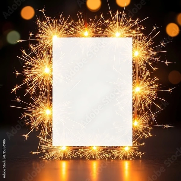 Fototapeta Blank white message card mock-up framed by bright burning sparklers on a festive bokeh background