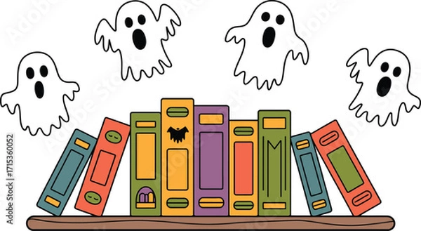 Fototapeta Halloween ghosts floating above colorful books on a shelf