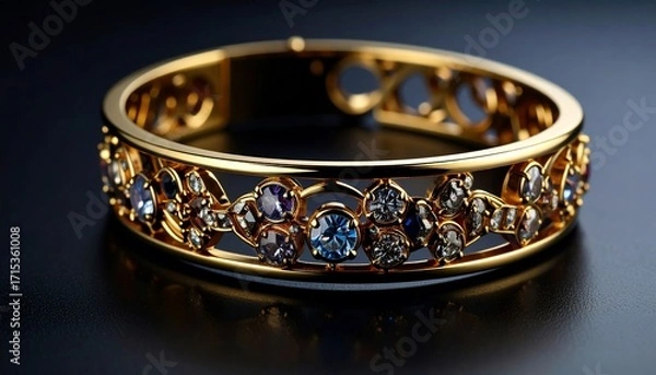 Fototapeta Exquisite Gold Bracelet Adorned with Sparkling Gems on a Dark Background