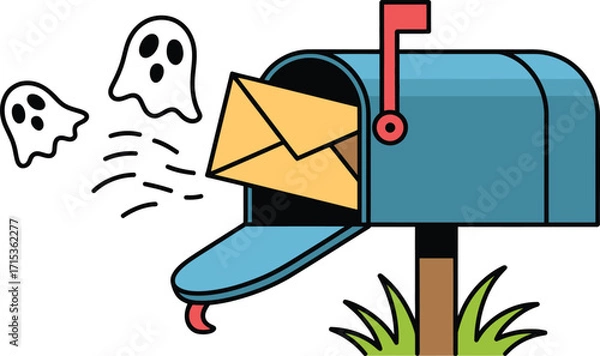 Fototapeta Blue mailbox with yellow envelope and three ghosts