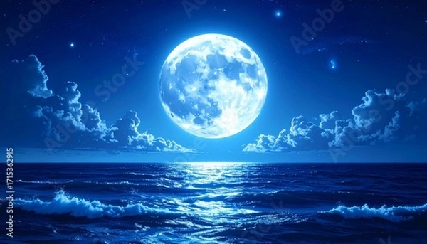 Fototapeta Dramatic night seascape showcasing the glowing moon over a tranquil ocean scene