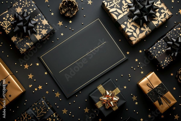 Obraz An eye-catching black friday sale image with black background, adorned with festive gift boxes and sparkling stars. Perfect for promotional material.