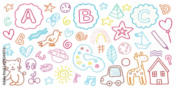 Fototapeta Collection of whimsical hand drawn children s doodles featuring letters animals and objects in pastel colors