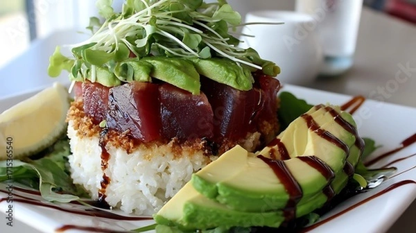 Fototapeta Creative fusion dish sushi pizza with crispy rice crust modern restaurant food photography urban setting culinary innovation