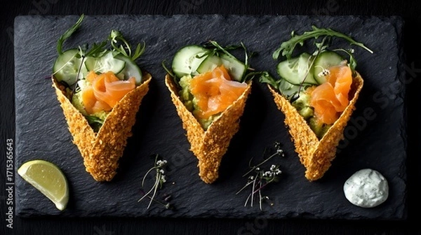 Fototapeta Fusion food delight sushi tacos featuring crispy tempura innovative cuisine gourmet restaurant vibrant setting