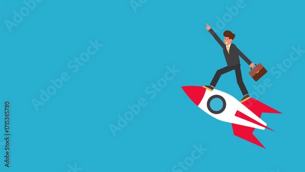 Obraz Vector Illustration of a Businessman Standing on a Rocket Carrying a Briefcase and Pointing Forward. This visual symbolizes Leadership, Vision, Rapid Growth, and Target Achievement.