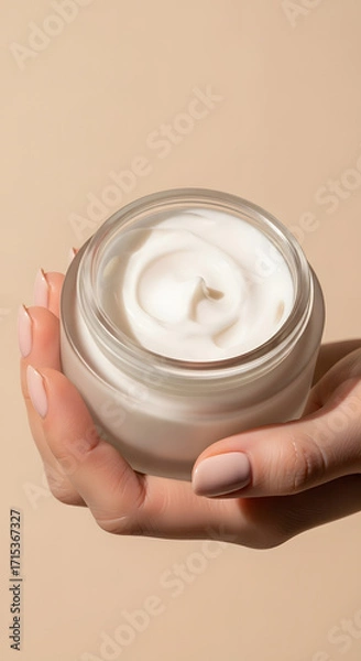 Fototapeta Clean Skincare Product Photography with Hand Holding Cosmetic Tubes, Jars, Droppers, Pumps, and Beauty Tools on Minimal Pastel Background