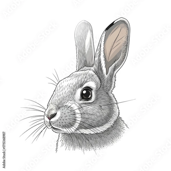 Fototapeta Hand-drawn sketch of a wild rabbit head with long ears and detailed whiskers