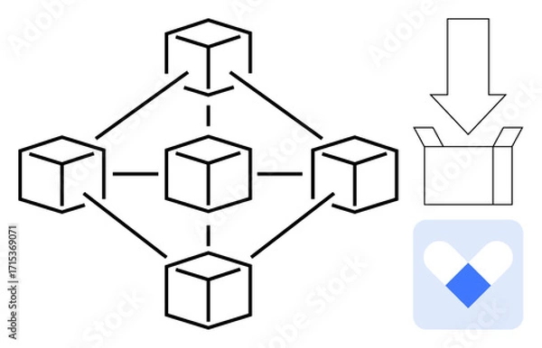 Fototapeta Interconnected cubes representing blockchain, arrow pointing to open box for data transfer, and app logo. Ideal for technology, blockchain, digital security, logistics, data sharing, healthcare