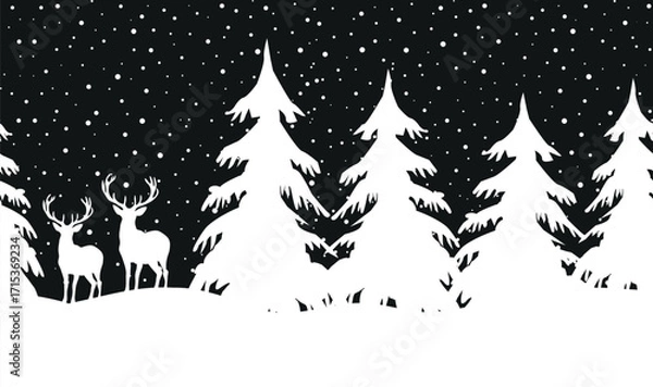 Fototapeta Winter Forest Seamless Border. Christmas Background. Winter Woods with Deer, Fir Trees, Snow. White Silhouettes. Template. Stencil. Vector Illustration on Black Background
