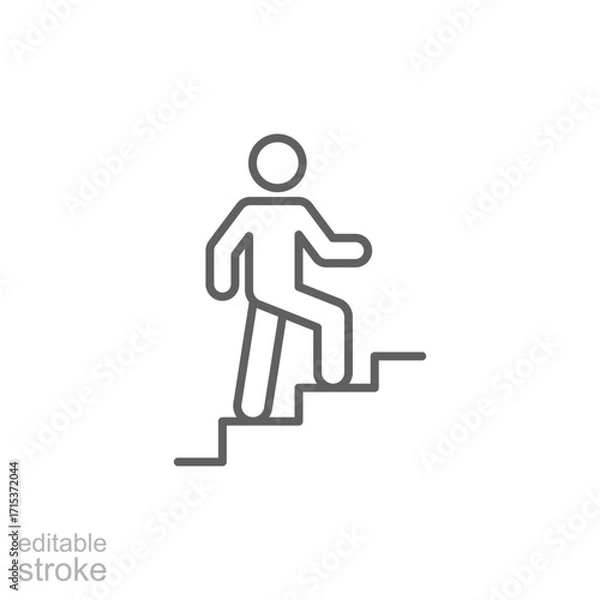 Fototapeta Man climbs the stairs icon. Simple outline style. Stair, walk, climb, staircase, step, up, career, person, rise, level, business concept. Thin line symbol. Isolated design editable stroke.
