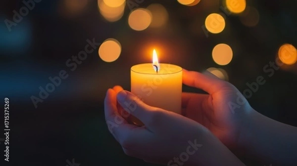 Fototapeta A pair of hands lighting a candle in memory of those lost to AIDS, s on blurred background