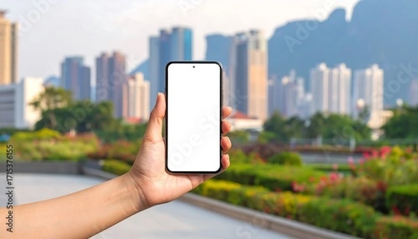 Fototapeta A modern smartphone displays a blank screen, held in a hand, with a cityscape and garden backdrop.