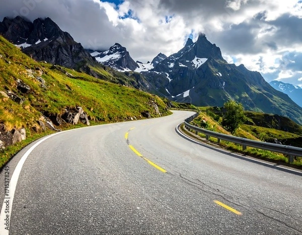 Fototapeta A winding mountain road snakes through lush greenery, leading to snow-capped peaks under a partly cloudy sky.