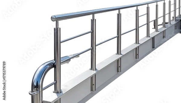 Fototapeta A modern, stainless steel railing system extends along a wide platform, showcasing sleek design elements and robust construction.