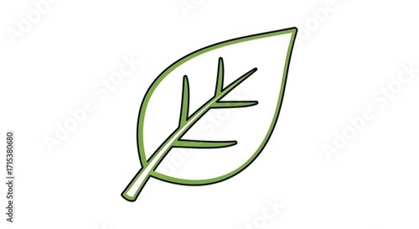 Fototapeta Simple Green Leaf Icon with Veins and Stem.