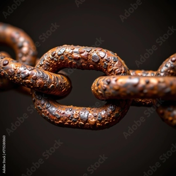 Obraz Close-up of rusty metal chain link with textured corrosion surface on dark blurred background, detailed metal chain industrial object, durable wear and tear