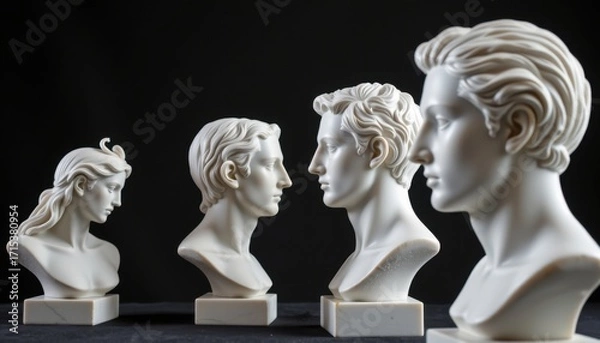 Fototapeta Collection of four white classical bust sculptures depicting male and female profiles with varying hair styles on black background for artistic display