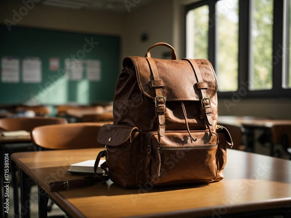 Fototapeta A brown leather backpack sits on a table in the classroom with no one at the school, and morning sunlight from the window.