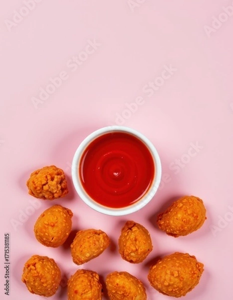 Fototapeta Delicious crispy fried chicken nuggets with spicy red dipping sauce on pastel pink background perfect for fast food and snack imagery
