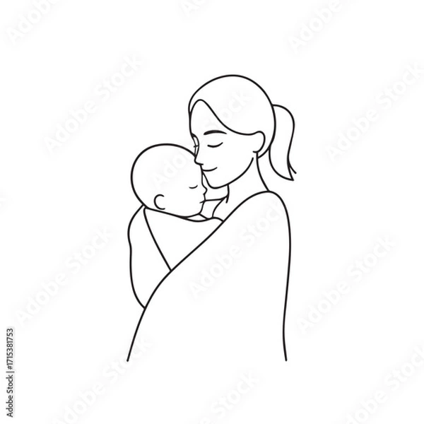 Obraz Black and white line art of a beautiful mother lovingly embracing her baby minimalist tender illustration
