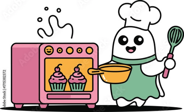 Fototapeta Cute ghost chef with cupcakes in oven and whisk cooking