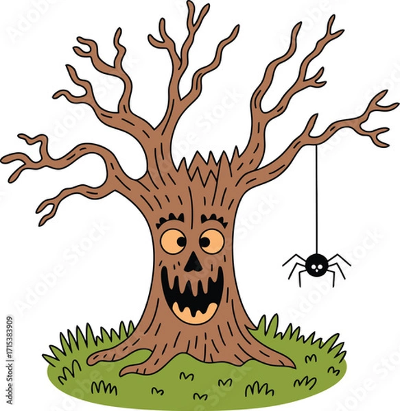 Fototapeta Cartoon Halloween tree with smiling face and hanging spider