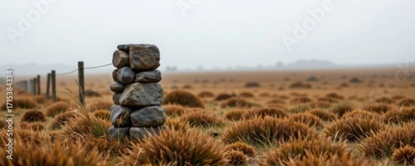 Fototapeta Wide shot of a solitary stone cairn standing amidst vast moorland landscape dotted with low mossy vegetation under cloudy sky du daytime