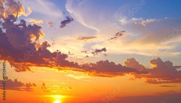 Fototapeta A breathtaking sunset view with dramatic clouds, showcasing a vibrant display of warm colors against a clear sky.