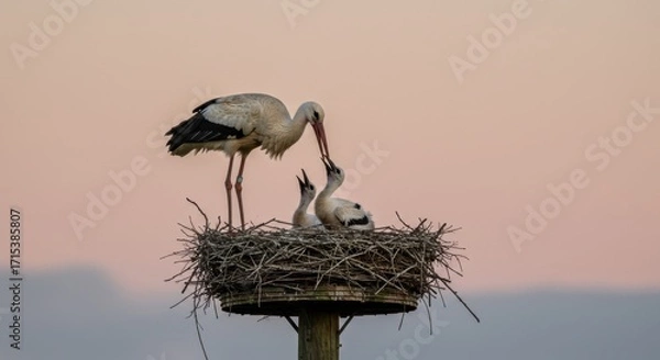 Fototapeta Stork Feeding Chick in Nest on Wooden Pole at Twilight