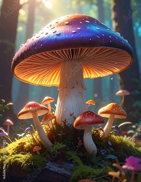 Fototapeta A vibrant, large mushroom with a captivatingly colored cap dominates the scene, surrounded by smaller mushrooms in a lush, mossy forest.
