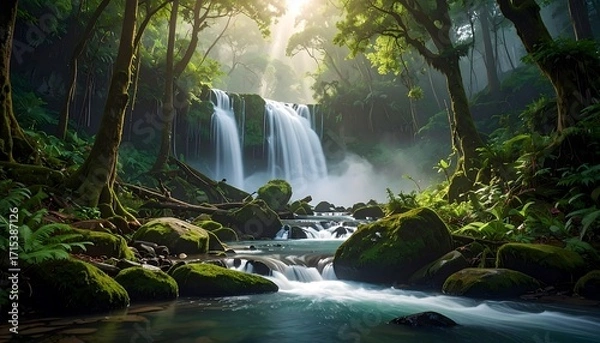 Fototapeta A tranquil waterfall cascades down mossy rocks in a lush, green forest, bathed in the soft morning light.