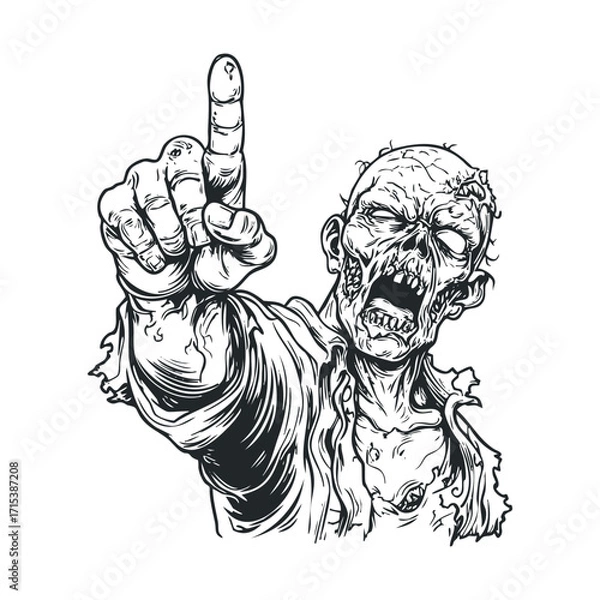 Fototapeta Zombie character pointing for Halloween design. Vector hand drawn illustration

