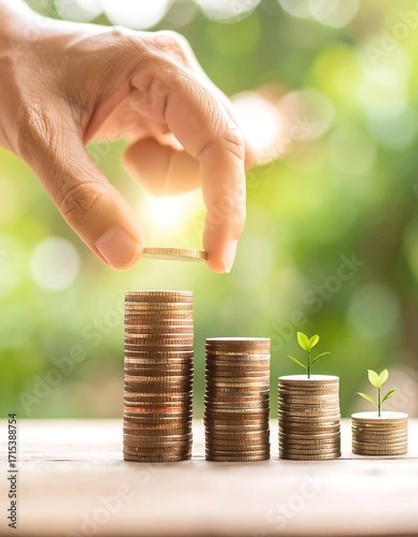 Fototapeta A hand placing a coin on top of a stack of coins, creating a growing pattern, with small plants emerging from other stacks.  A blurred, bokeh background of out-of-focus greenery and light