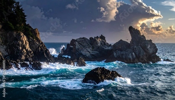 Fototapeta Dramatic coastal scenery showcasing powerful waves crashing against jagged rocks under a dramatic sky.