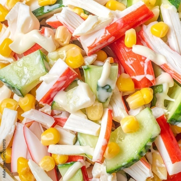 Fototapeta Close-up view of a vibrant salad composed of crab sticks, corn, cucumber, and creamy dressing.