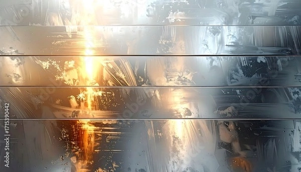 Fototapeta A striking abstract design, showcasing horizontal bands of metallic panels with brushstrokes and a warm light source, evoking a sense of depth and texture.