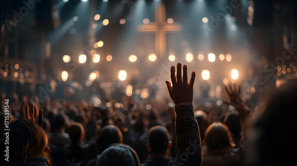 Fototapeta believers raising hands in prayer and worship in front of the cross showing devotion and christian faith