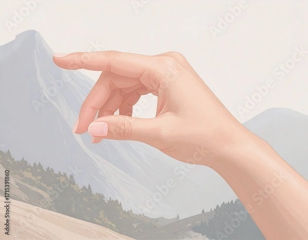 Fototapeta A hand reaching out against a hazy mountain landscape