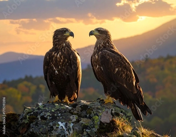 Fototapeta Two majestic eagles perch atop a rock, facing each other, against a backdrop of a golden sunset over a mountain range.