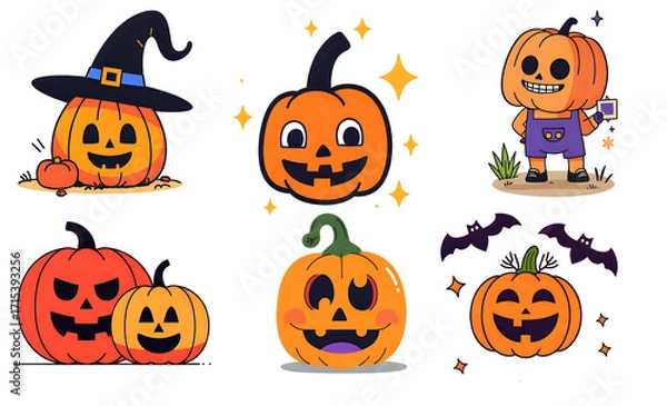 Fototapeta Cute Halloween Pumpkin Cartoon Vector Set with Jack O Lantern Characters and Decorations Isolated