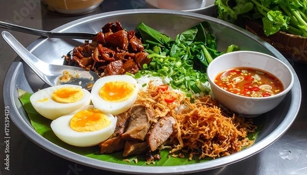 Fototapeta A vibrant assortment of boiled eggs, savory meats, and crunchy noodles are presented on a metal platter, accompanied by a flavorful dipping sauce.