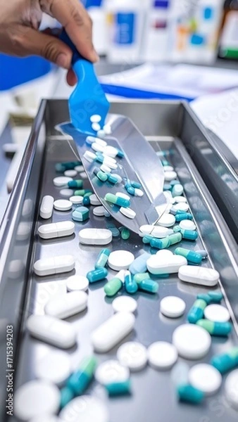 Obraz A hand uses a blue plastic spatula to scoop out assorted pills from a metal tray