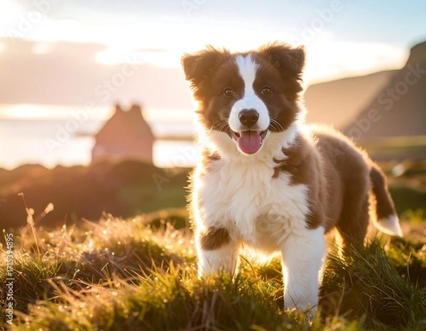 Obraz A happy Border Collie puppy stands in a grassy field at sunrise.  Golden light bathes the scene