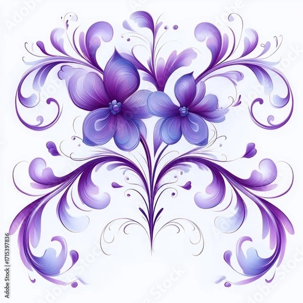 Fototapeta Elegant symmetrical digital artwork featuring two large purple flowers with flowing petals and detailed vein patterns surrounded by swirling and curling floral vines on a white background