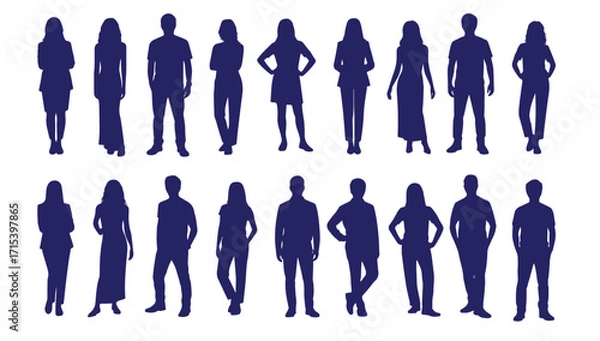 Fototapeta Diverse group silhouette shows both males and females standing in various poses on transparent background